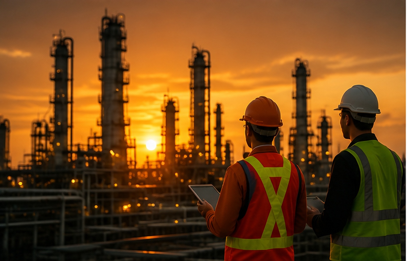 Upstream professionals reviewing refinery operations